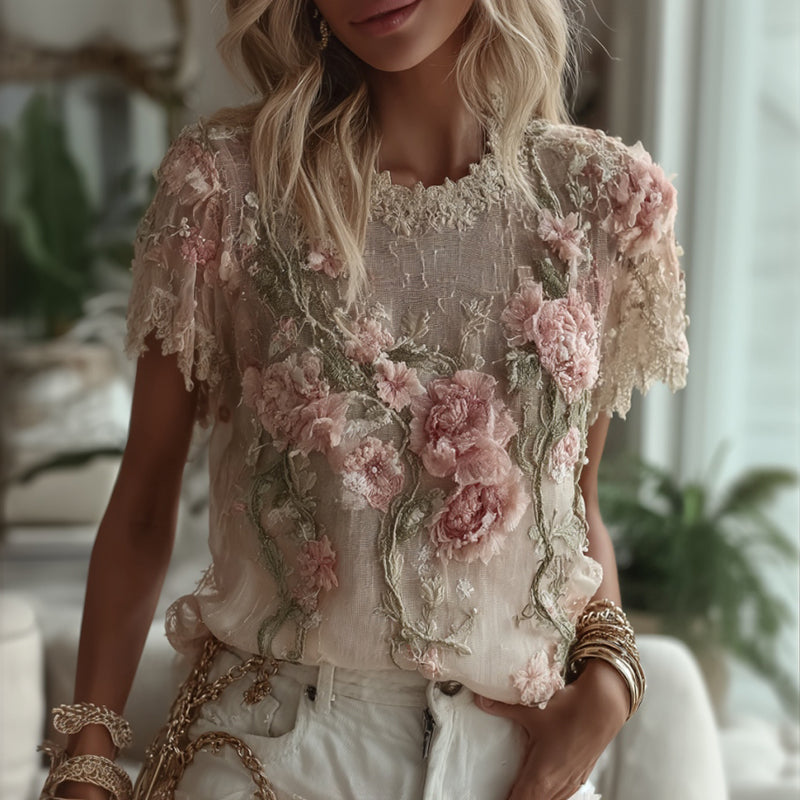 Women's Embroidered Floral Vine Short-sleeve Linen Blend T-shirt elevenforest