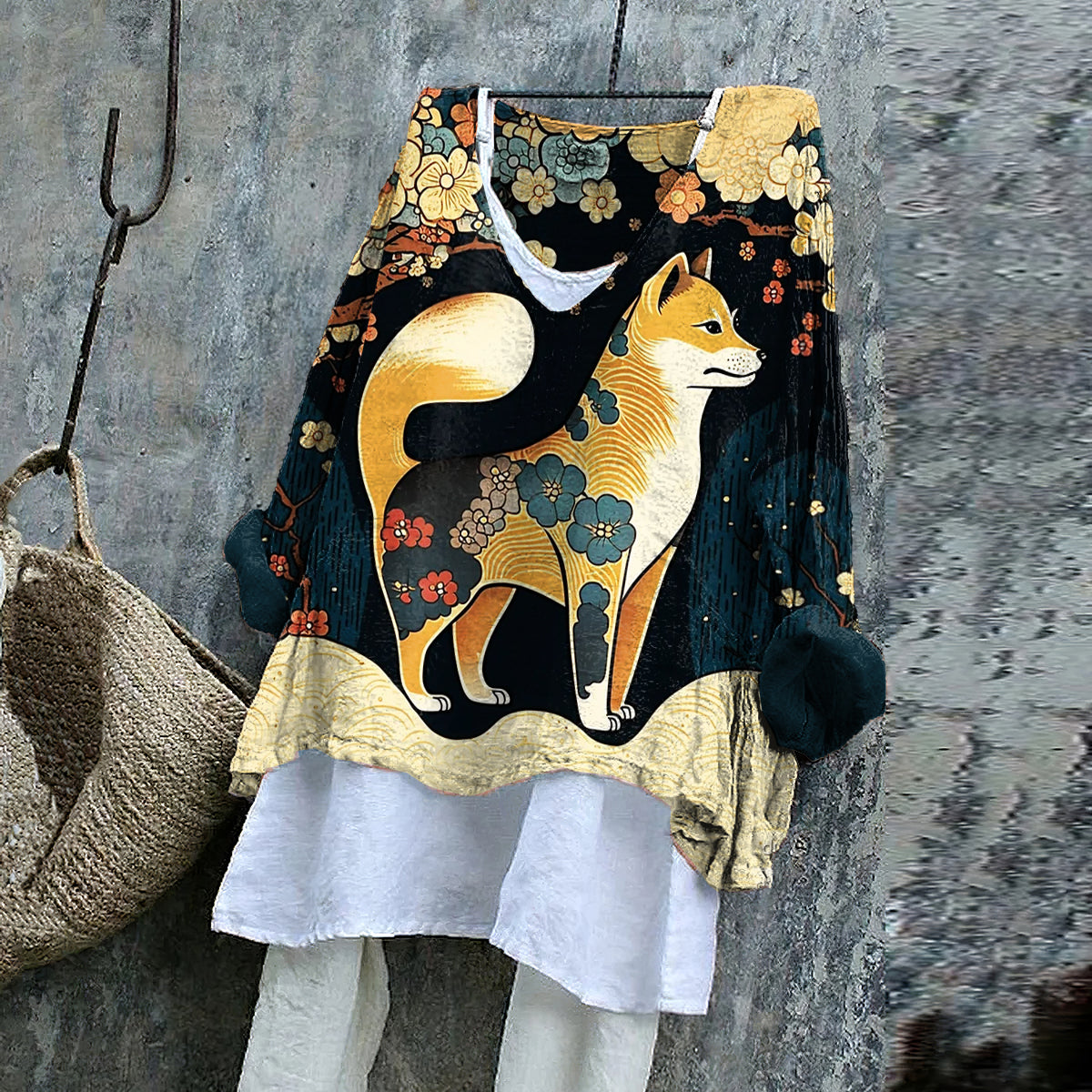 Vintage Shiba inu dog Japanese Art Blossom Print V-Neck Shirt elevenforest