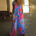 Women's Vintage Flower Art Print Casual Wide Leg Jumpsuit elevenforest
