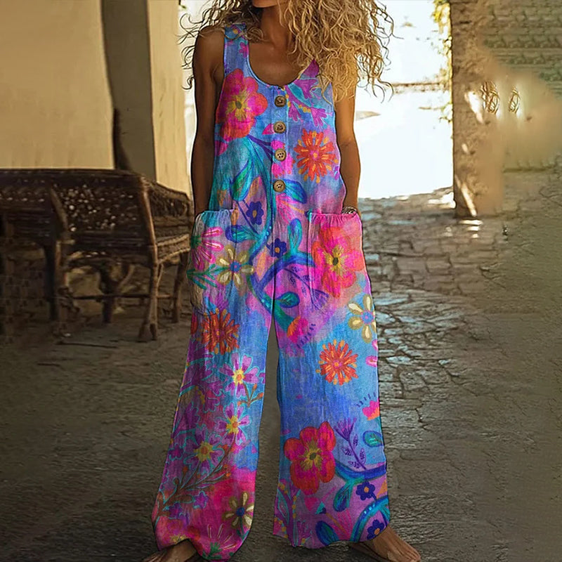Women's Vintage Flower Art Print Casual Wide Leg Jumpsuit elevenforest