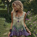 Vintage Classy Gradient Purple Lavender And Floral Embroidered Pattern Linen Tank Top elevenforest