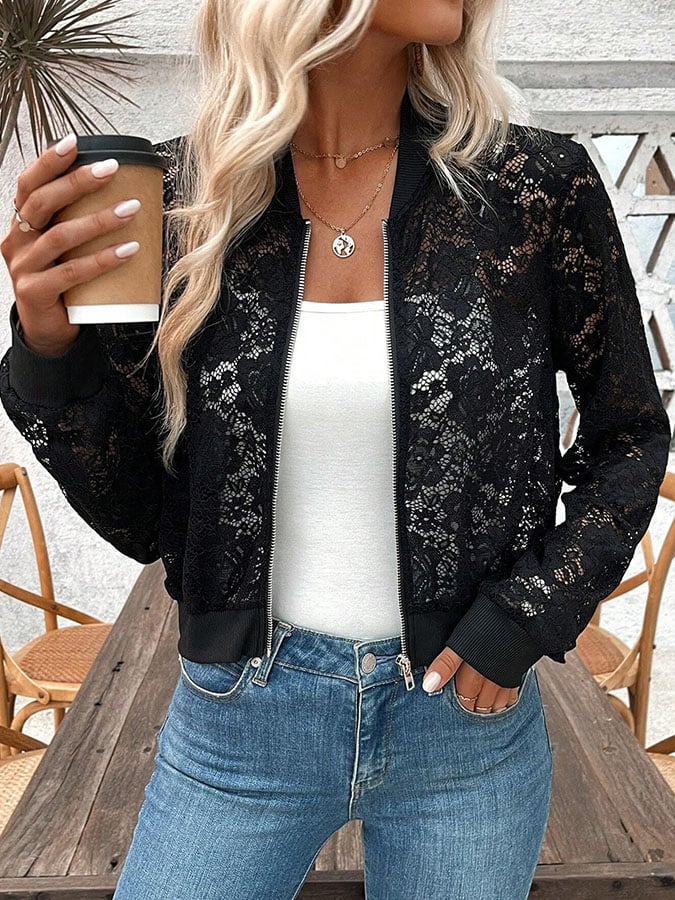 Women's Jacquard Lace See-Through Zipper Short Jacket 