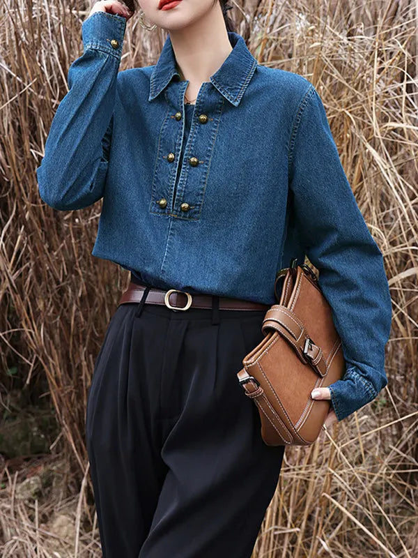 Long Sleeves Loose Buttoned Split-joint Lapel Blouses&shirts Tops
