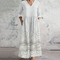 Women's Vintage Floral Embroidered Lace Art Cozy Linen Dress elevenforest