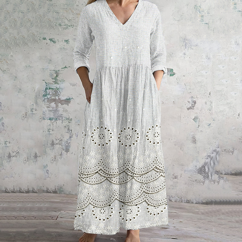 Women's Vintage Floral Embroidered Lace Art Cozy Linen Dress elevenforest