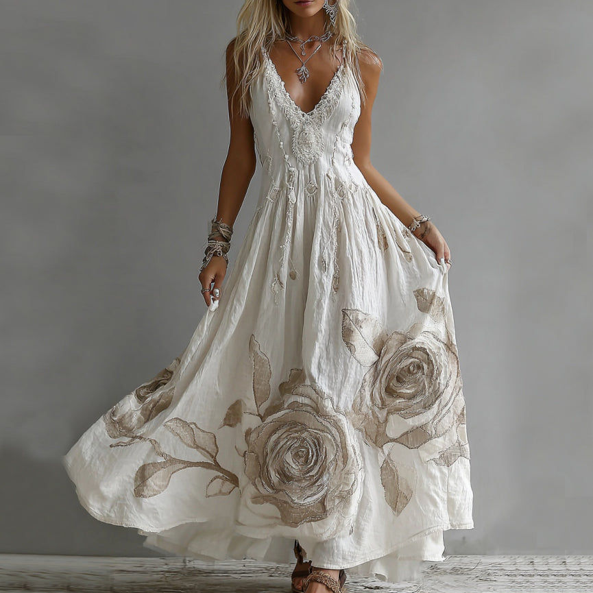 Women's Rose Embroidery Art V-neck Suspender Maxi Dress elevenforest