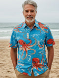 Men's Casual Japanese Art Ocean Octopus Printed Shirt elevenforest