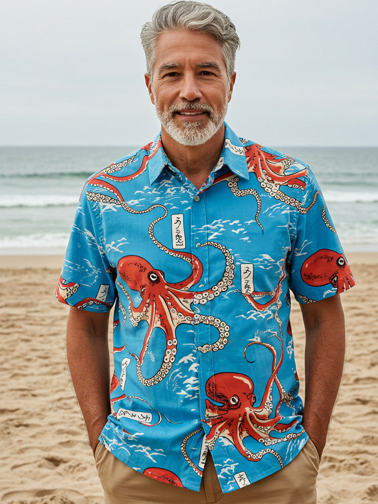 Men's Casual Japanese Art Ocean Octopus Printed Shirt elevenforest