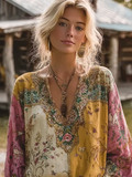 Bohemian Style Floral Pattern Women's V-neck Top elevenforest