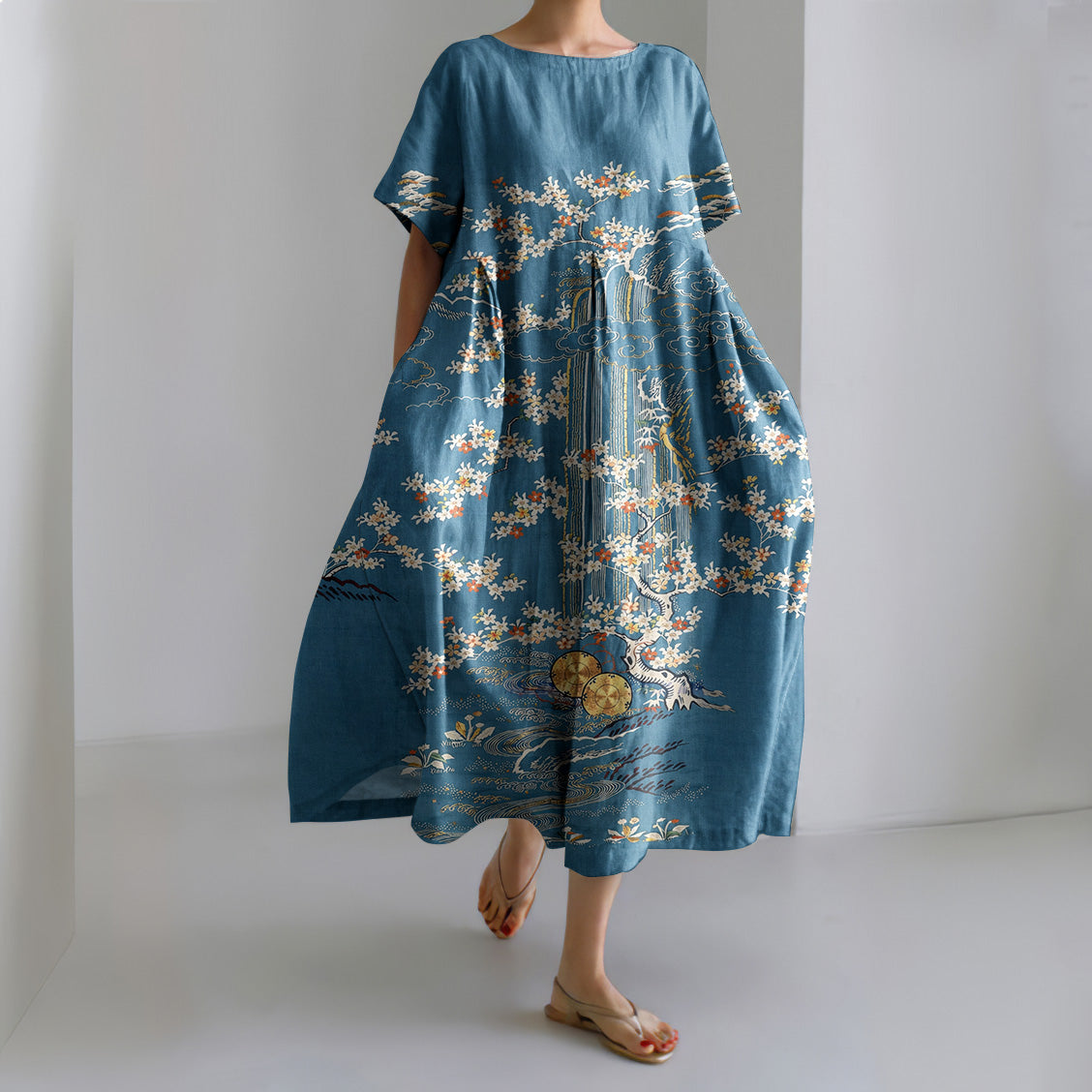 Comstylish Women's Vintage Japanese Flower Art Short Sleeve Midi Dress