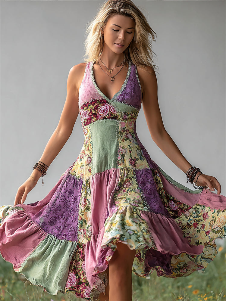 Vintage Cottage Floral Patchwork Flowy Linen Dress elevenforest