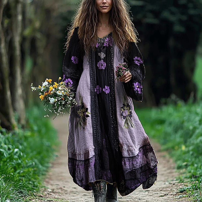 Purple Floral Lace Hem Patchwork Flowy Linen Dress elevenforest