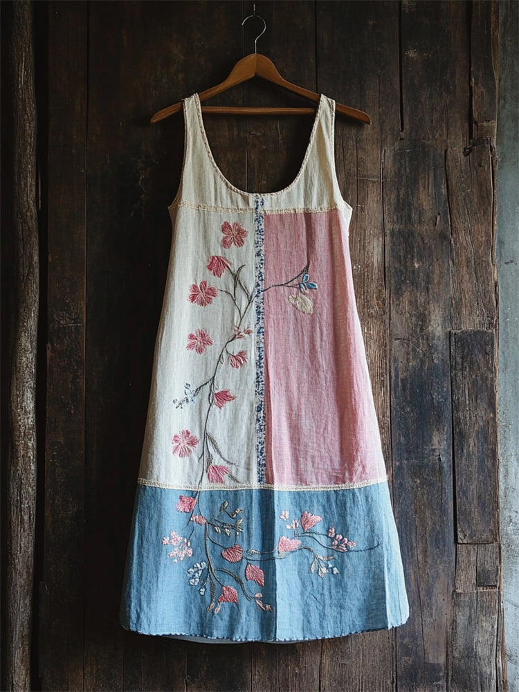 Japanese Cherry Blossom Transgender Colorblock Linen Dress elevenforest