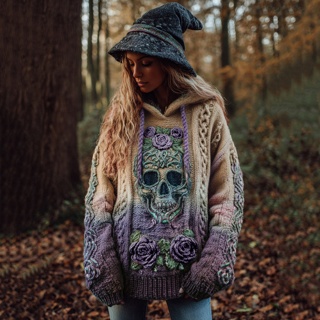 Women's Viking Tribal Jacquard Celtic With Rose And Skull Inspired Chunky Knit Hooded Sweater elevenforest