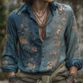 Men's Vintage Bohemian Floral Embroidered Linen Shirt elevenforest