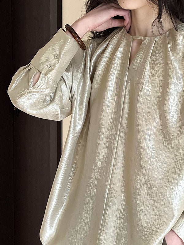 Long Sleeves Loose Hollow Shiny Color Round-neck Blouses&shirts Tops