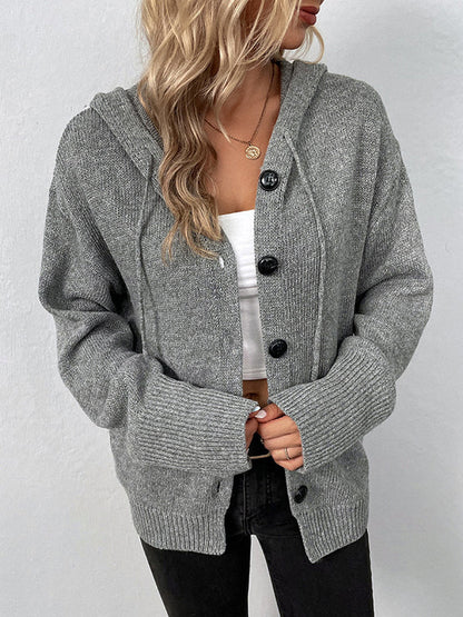 Wrap Buttoned Hooded Color Cardigan