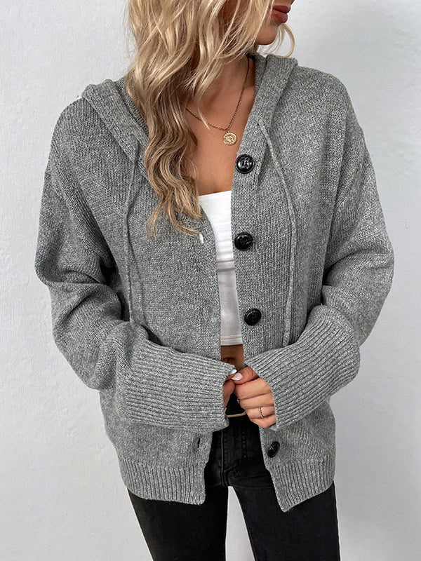 Wrap Buttoned Hooded Color Cardigan