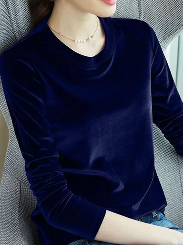 Spring Long Sleeve Loose Early Autumn T-shirt Gold Velvet Short Paragraph Bottoming Shirt New Top