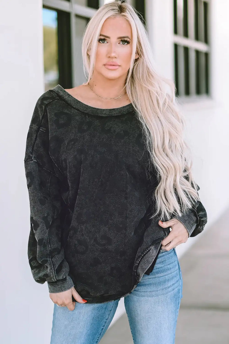 Leopard Print Mineral Wash Pullover Sweatshirt
