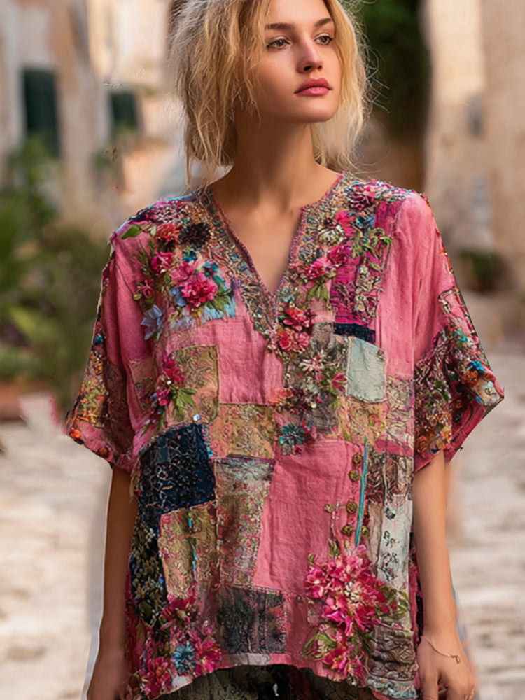 Bohemian Breast Cancer Awareness Pink Flower Patchwork V-neck Short-sleeve Top elevenforest