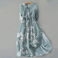 Vintage Cherry Blossom Print Lapel Lace-Up Loose Midi Dress elevenforest