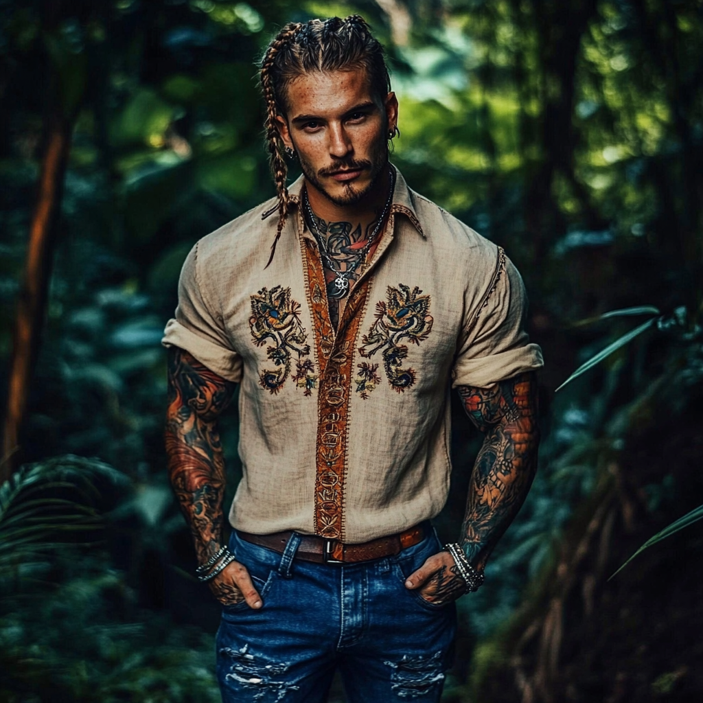 Men's Bohemian Embroidered Casual Linen Button-down Short Sleeve Shirt elevenforest