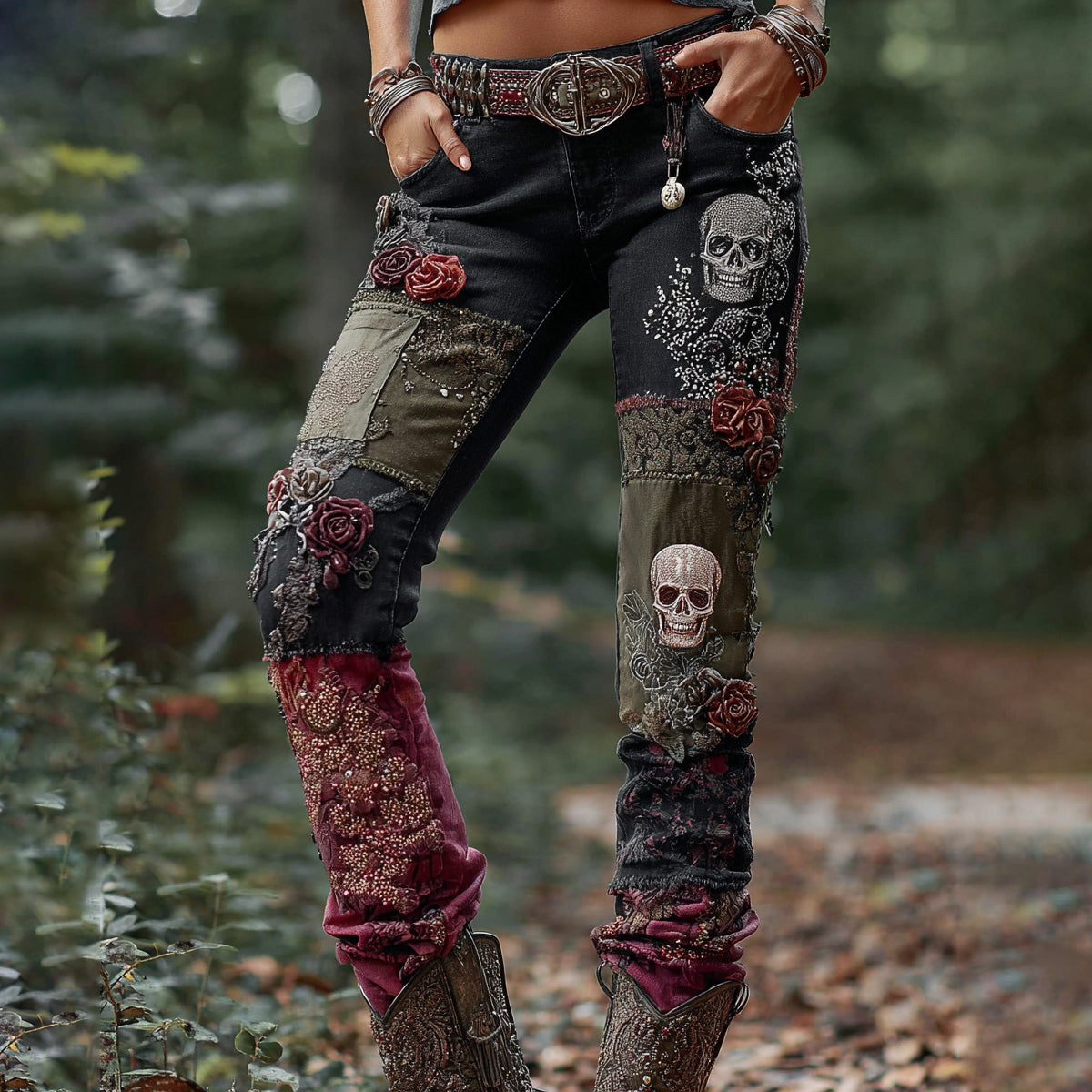 Rose Skull Embroidered Patchwork Gothic Rock Jeans elevenforest