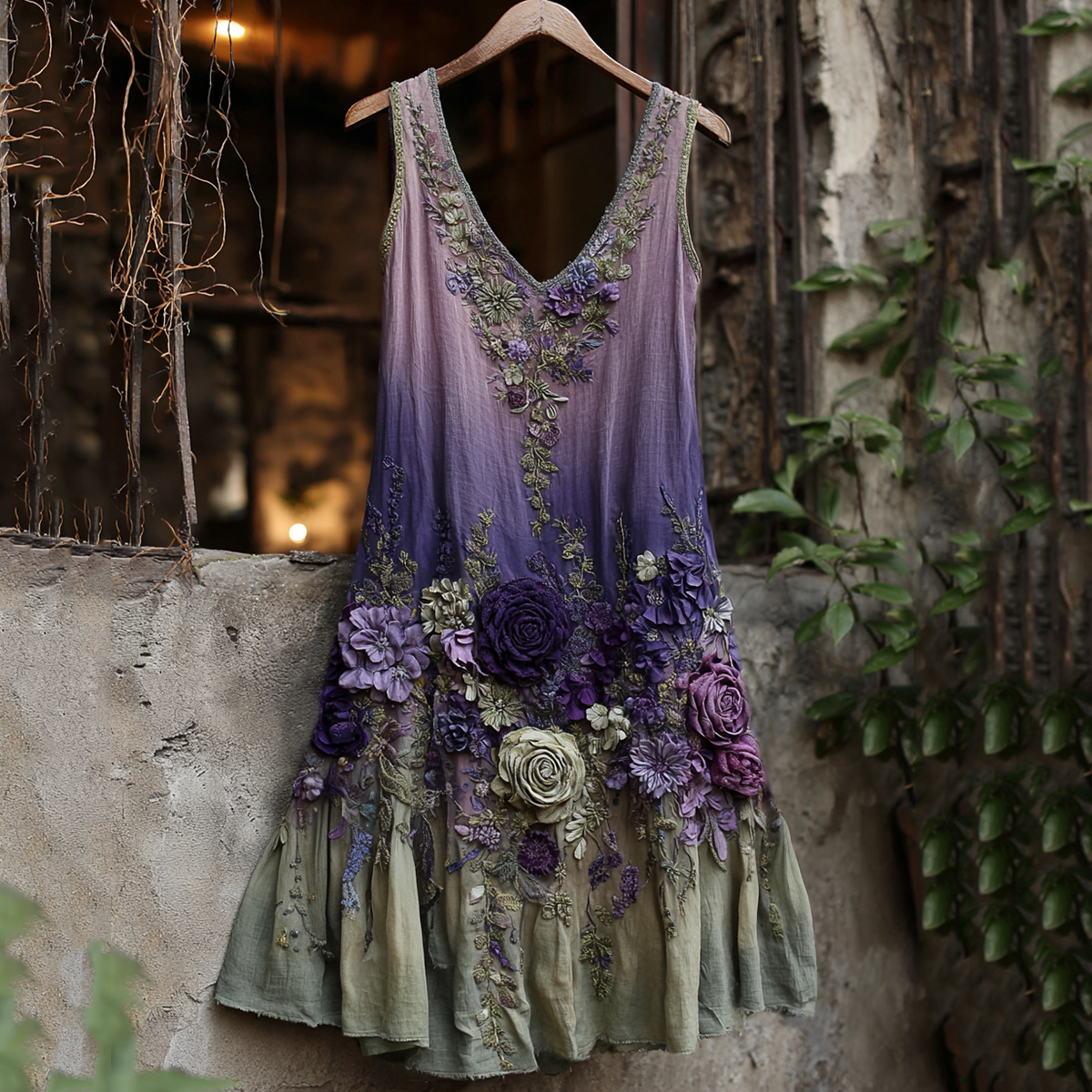 Vintage Classy Gradient Purple Lavender And Floral Embroidered Linen Maxi Dress elevenforest