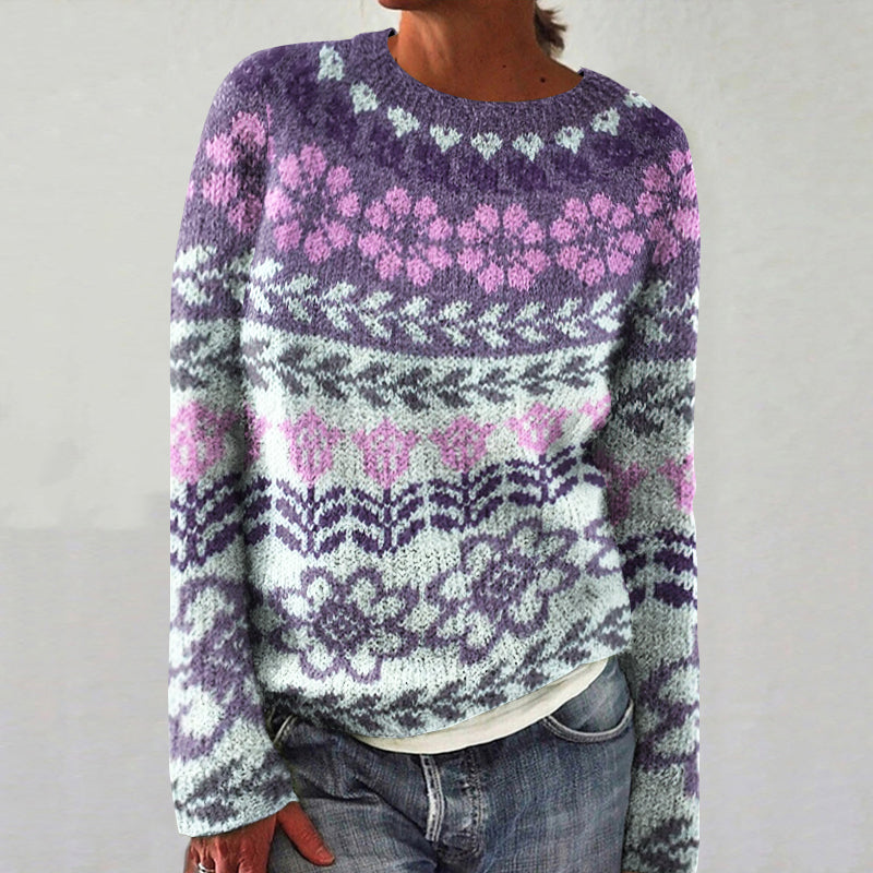 Women's Fairman Island Floral Jacquard Round Neck Sweater elevenforest