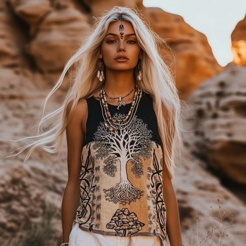 Women's Viking  Tree Of Life Tribal With Celtic Knot Pattern Art Linen Sleeveless Top elevenforest