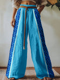 Greek Key Embroidered Linen Blend Cozy Pants elevenforest