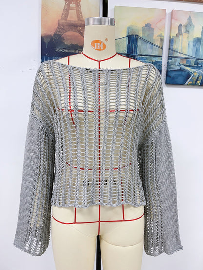 Spring Summer Knitwear Hand Crocheting Blouse Off the Shoulder Hollow Out Cutout Knitted Knitwear