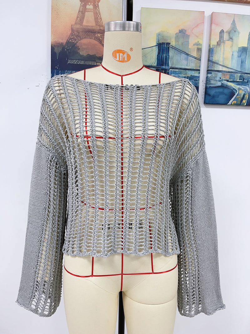 Spring Summer Knitwear Hand Crocheting Blouse Off the Shoulder Hollow Out Cutout Knitted Knitwear