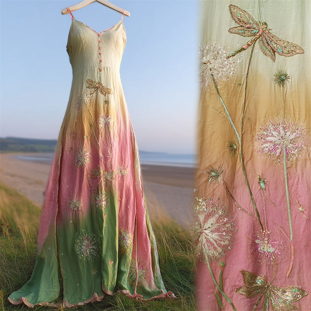 Gradient Boho Dragonfly & Dandelion Embroidery Women's Spaghetti Strap Maxi Dress elevenforest