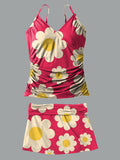 Pink Background with White Flowers V-Neck Vintage Flowers Print Suspender Skirt Tankini Pantskirt Set Swimsuit
