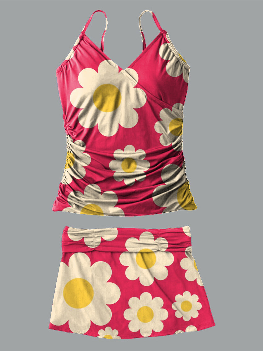 Pink Background with White Flowers V-Neck Vintage Flowers Print Suspender Skirt Tankini Pantskirt Set Swimsuit