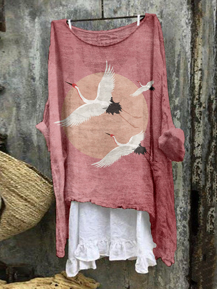 Flying Cranes Japanese Art Linen Blend Flowy Tunic elevenforest