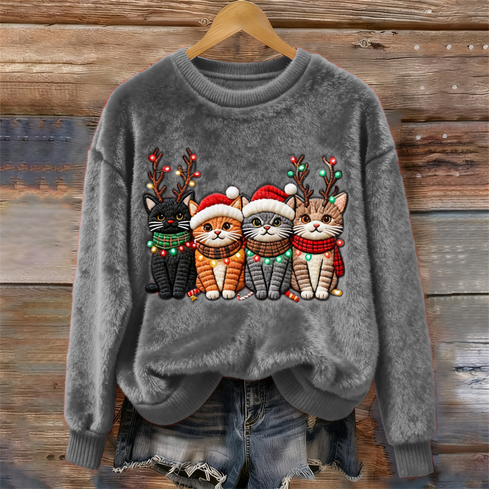 Christmas Lights Cat Women's Cozy Plush Sweater