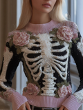 Comstylish Halloween Skeleton And Plant Flower Pattern Combined Design Women's Knitted Sweater