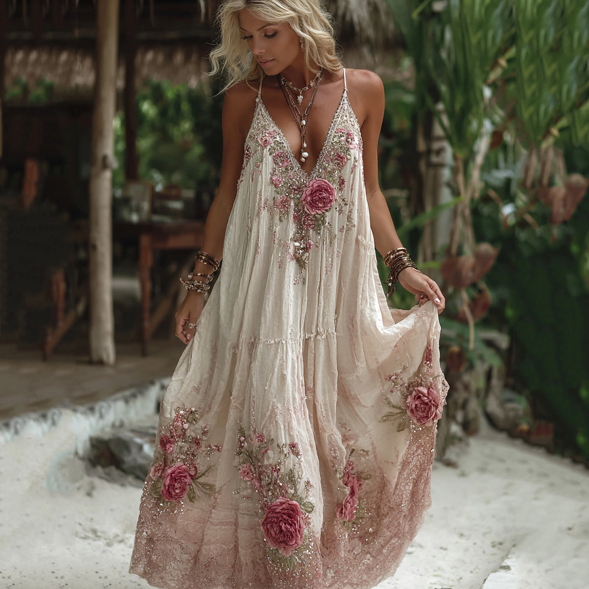 Women's Pink Rose Embroidery Art V-neck Suspender Maxi Dress elevenforest