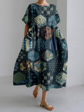 Comstylish Vintage Japanese Sashiko Art Flowy Linen Maxi Dress