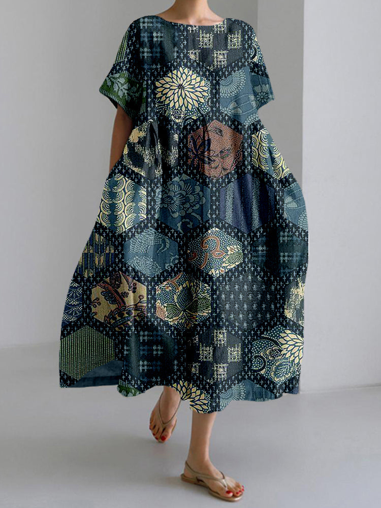 Comstylish Vintage Japanese Sashiko Art Flowy Linen Maxi Dress