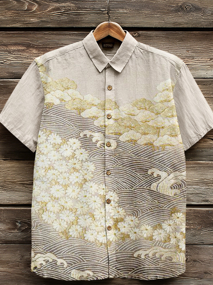 Vintage Japanese Art Pattern Comfy Linen Shirt elevenforest