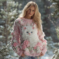 Comstylish Women's Cute Cat Pink Rose Embroidery Art Cozy Knit Sweater