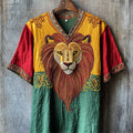 Men's African Tribal Lion Folk Embroidered Rasta Colorblock Linen Shirt elevenforest