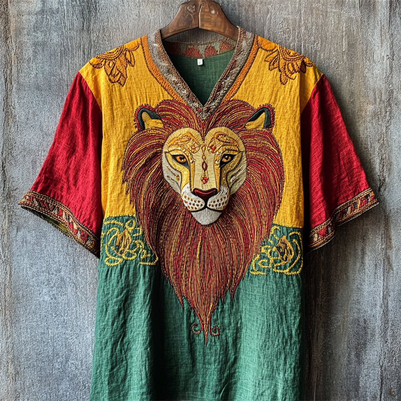 Men's African Tribal Lion Folk Embroidered Rasta Colorblock Linen Shirt elevenforest