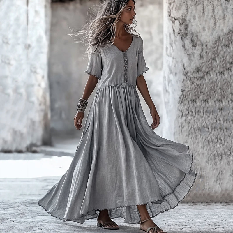 Vintage V Neck Cotton Linen Maxi Dress elevenforest