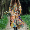 Women's Vintage Tribal Floral Art Linen Dress elevenforest