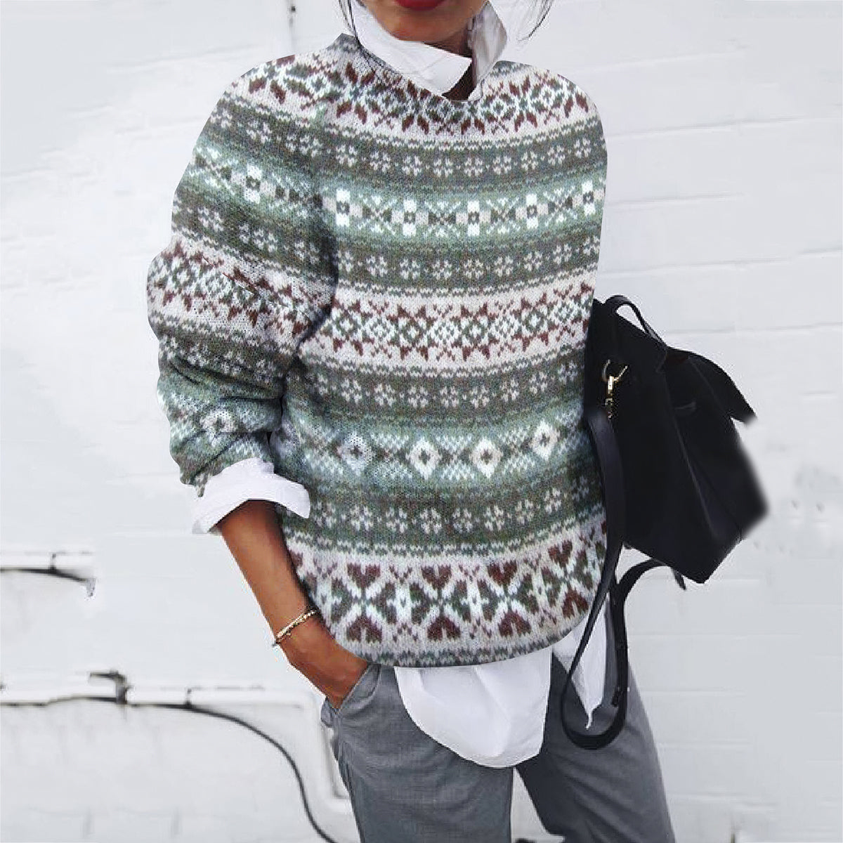 Vintage Fairman Island Snowflake Jacquard Crew Neck Sweater elevenforest